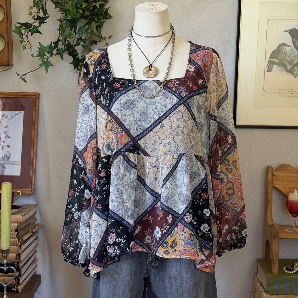 Multicolor Patchwork Print Tie Back Blouse Babydoll Cottagecore S/M Whimsygoth
